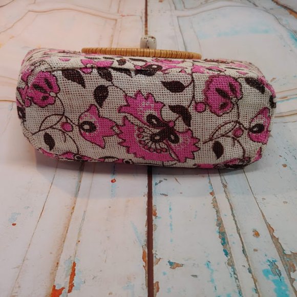 *no tag VINTAGE style purse handbag w burlap texture rattan handle pink & cream - Picture 11 of 16